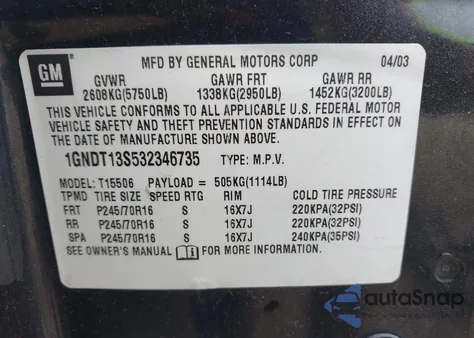 2003 Chevrolet Trailblazer Lt from USA, damaged, VIN 1GNDT13S532346735